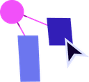 A pink circle connected to blue rectangles by lines, with a large arrow cursor pointing at the shapes.